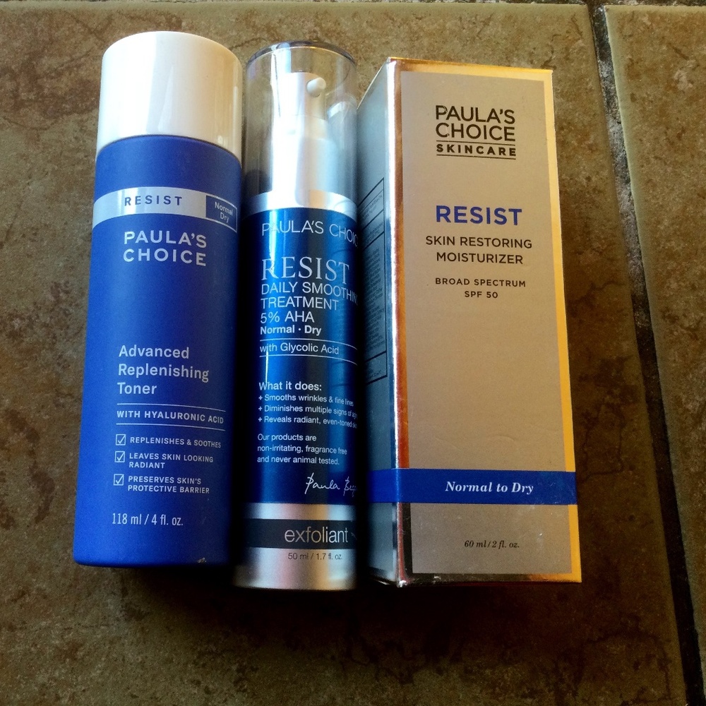 Paula’s Choice Resist toner, daily smoothing treatment, moisturizer spf 50